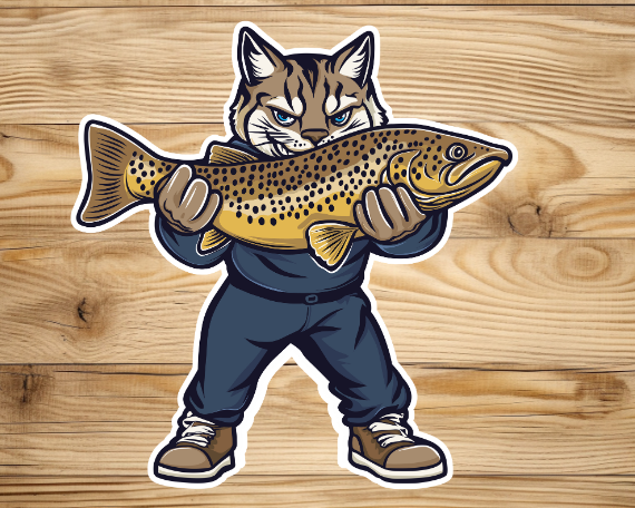 Bobcat Fly Fishing Sticker with Brown Trout, 3", Waterproof Vinyl Decal Great Gift for that Fly Angler